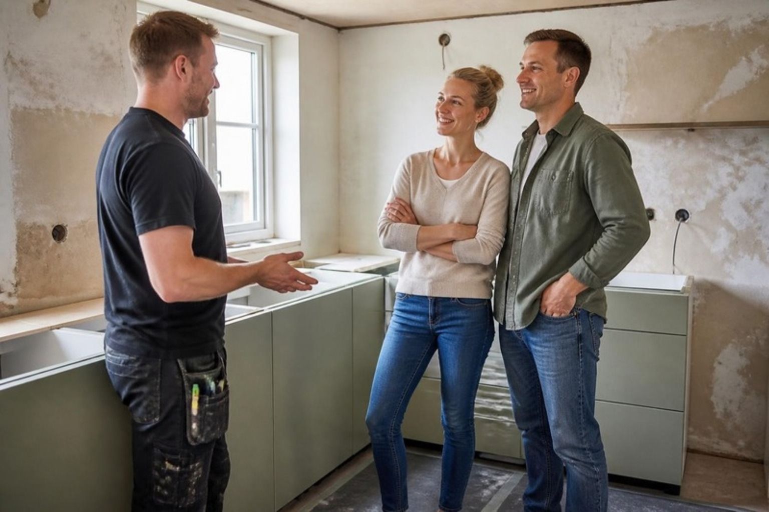 Håndværker forklarer et par om køkkenet, der er under renovering, med nye skabe og afrensede vægge