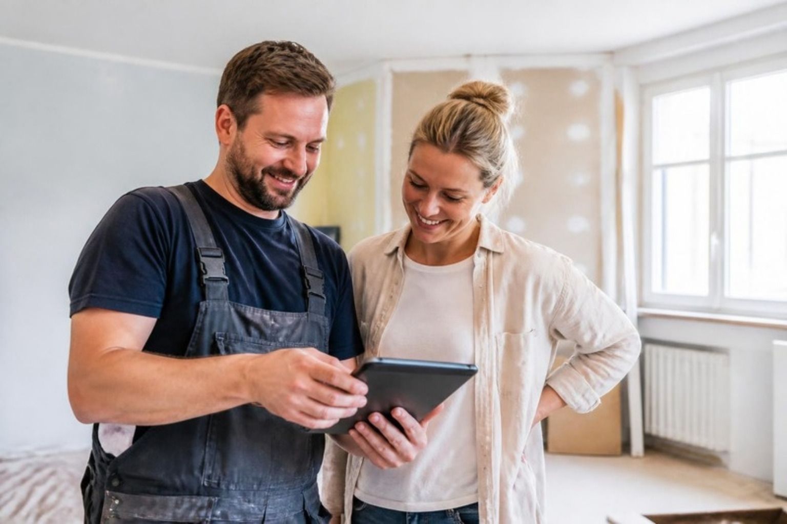 Håndværker i overalls viser en kvinde noget på en tablet i et rum under renovering