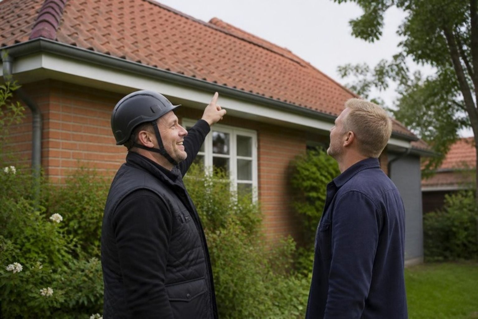 Håndværker i hjelm peger op mod tagkanten på et rødt murstenshus, mens husets ejer ser med