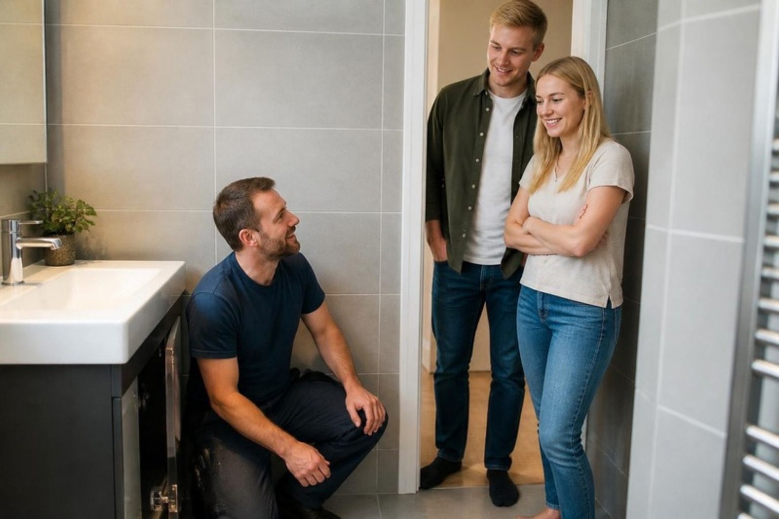 VVS-montør sidder på hug i et nyt badeværelse og taler med et par, der står i døren